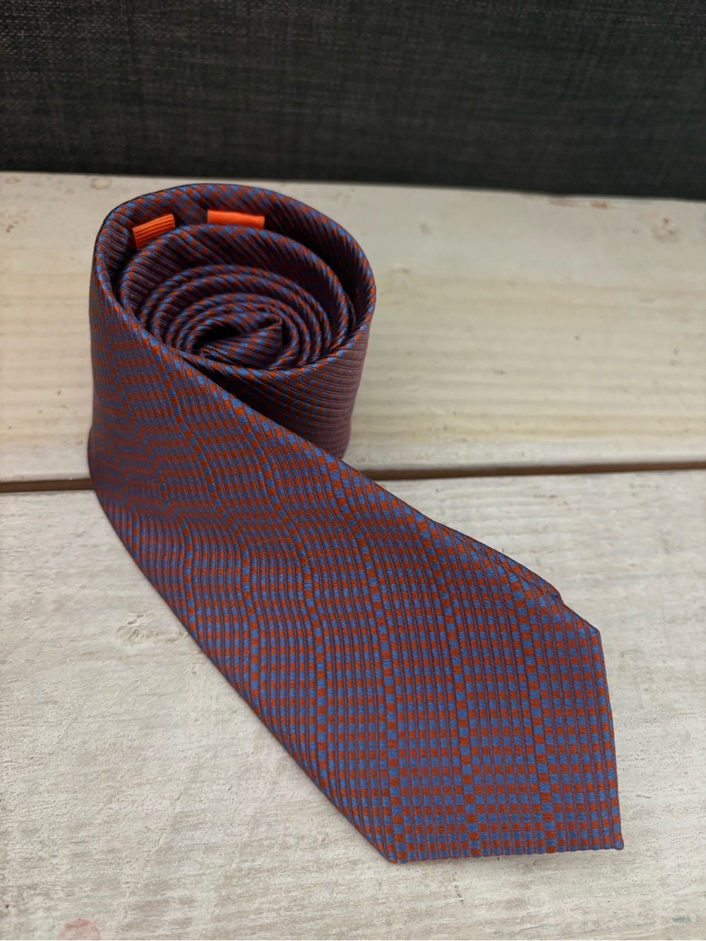 Tallia Microdot 100% Silk Tie Men's Orange and Blue Checked NWOT